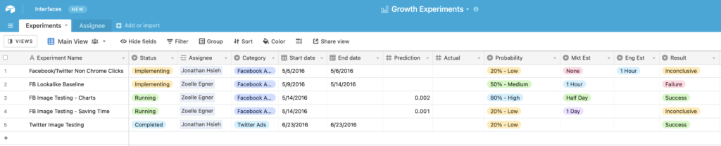 Airtable growth experiment template