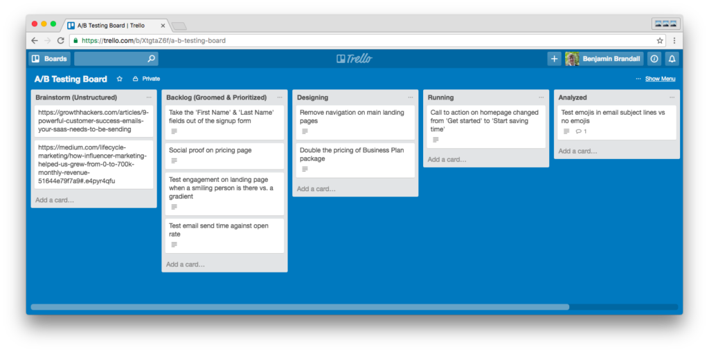 Trello for storing growth experiment ideas